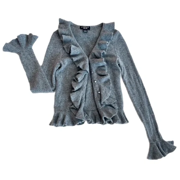 PECK & PECK LUXURY ~ Heather Gray Ruffled Cardigan w/ Hidden Buttons size S - Picture 4 of 8